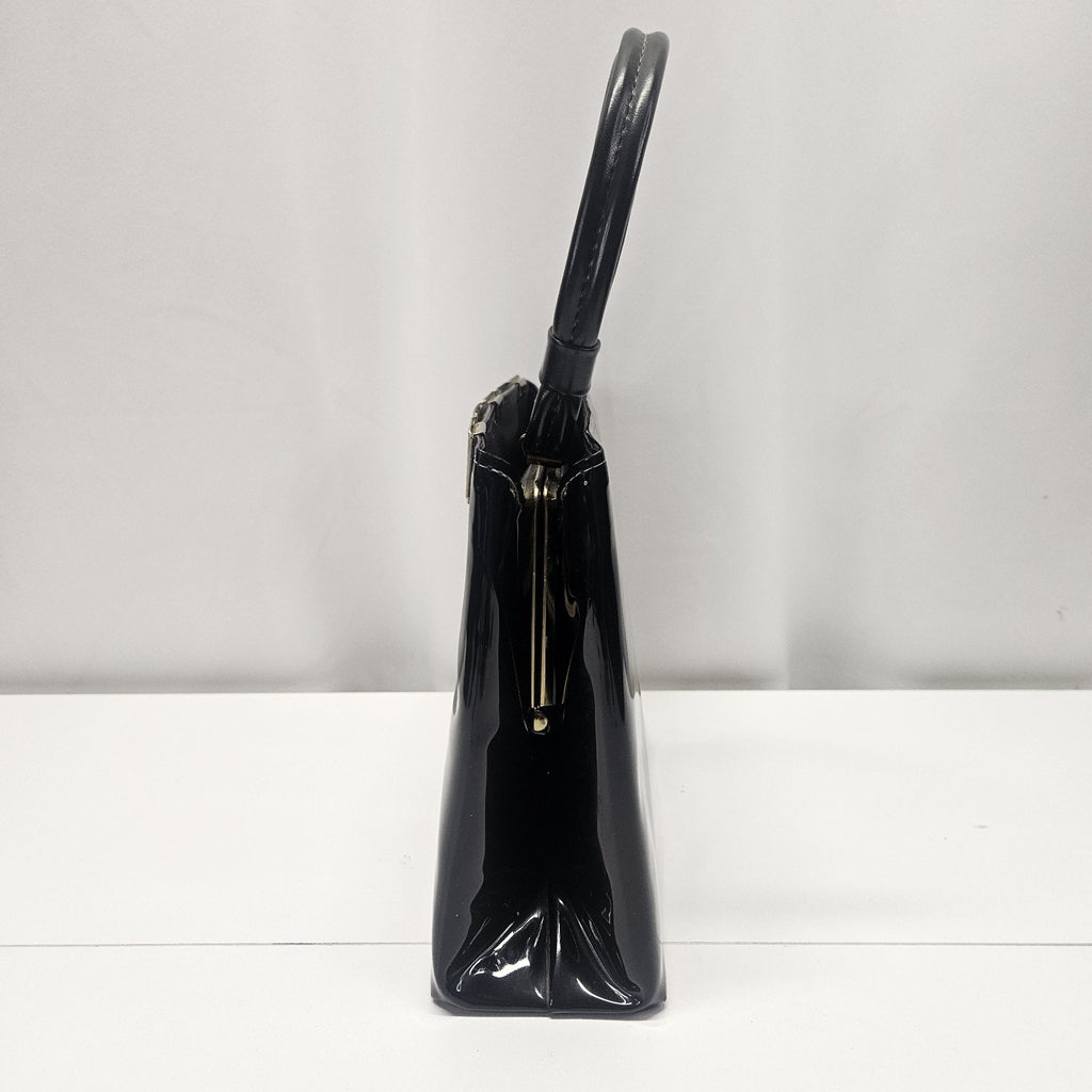 Vtg 1960s MCM Cara Shiny Black Patent Leather Bag Gold & Silver Trim Top Handles