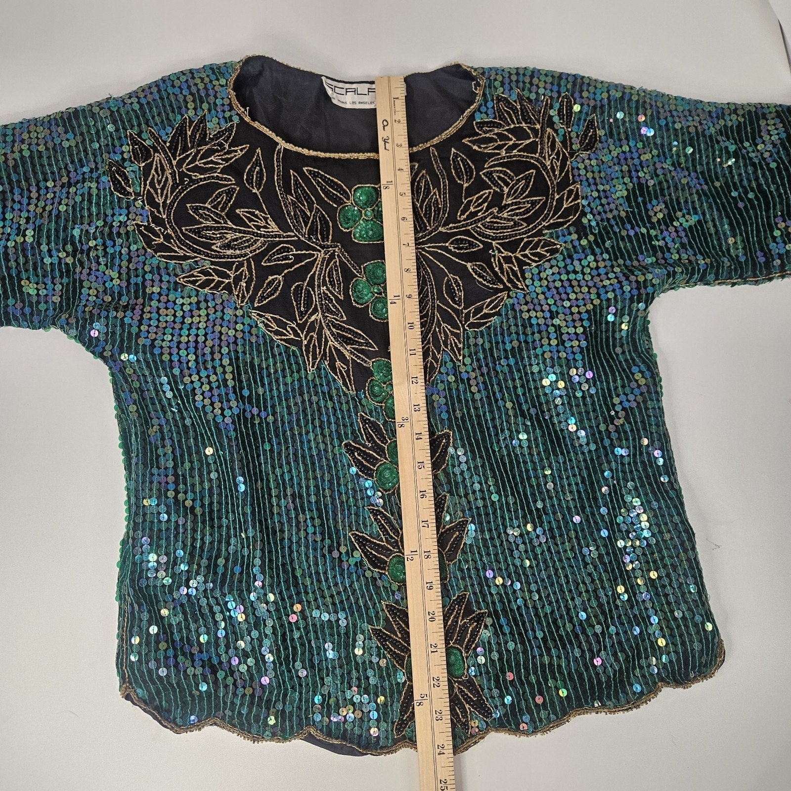 Vtg 90s Blue Green Sequin Beaded Silk Formal Top Party Y2K Gatsby Glam Sz Large