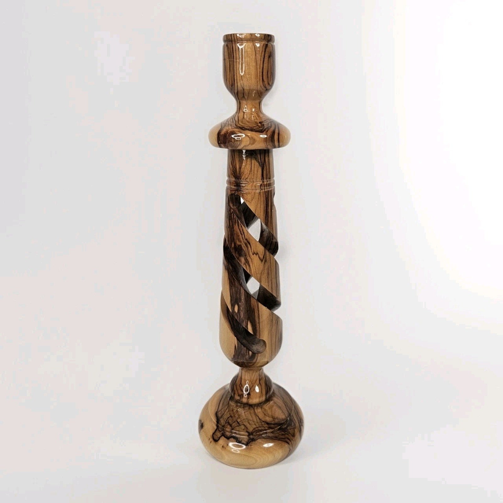 Olive Wood 10" Candle Stick Holder Hollow Spiral MCM Rustic Boho