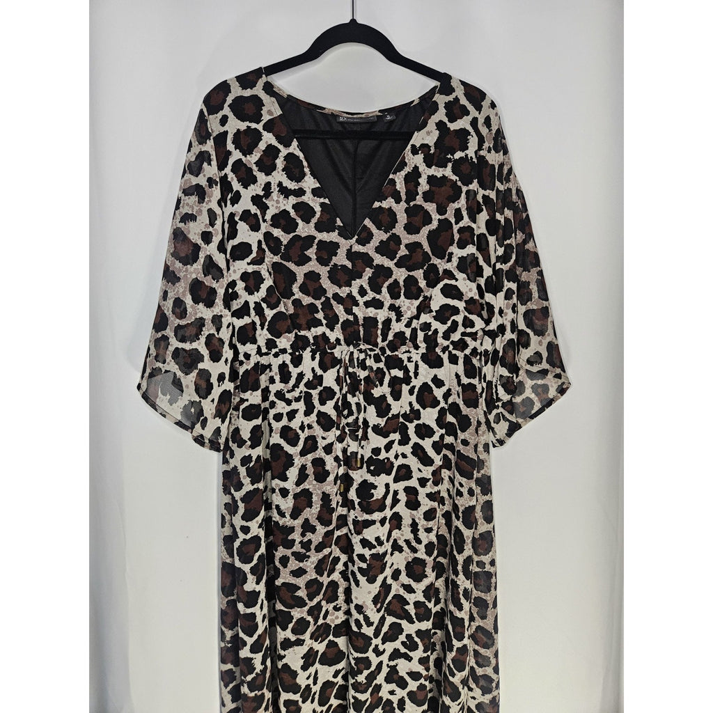 New York & Company Leopard Print Chiffon Short Sleeve Maxi Dress XL V Neck