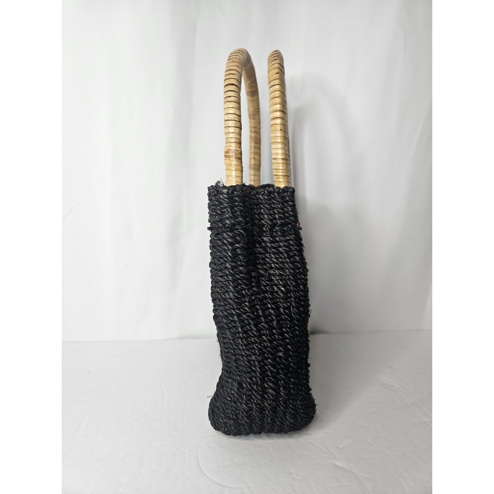 Vintage Croft And Barrow Straw Handbag Black Wood Handles
