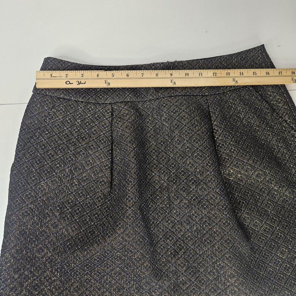 Ann Taylor LOFT Black Metallic Gold Jacquard A-Line Skirt Pockets Size 12