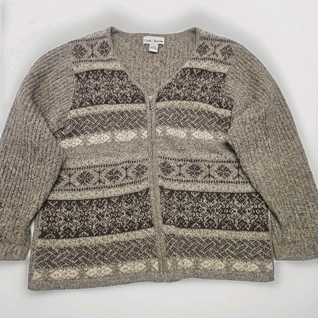 Vtg 100% Wool Knit Women Full Zip Cardigan Sweater Brown Nordic Ski Large
