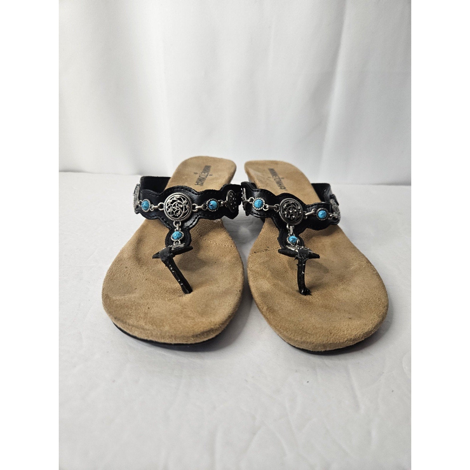Minnetonka Boca Thong Sandals Women’s 8 Black Flip Flop Silver Turquoise 71105