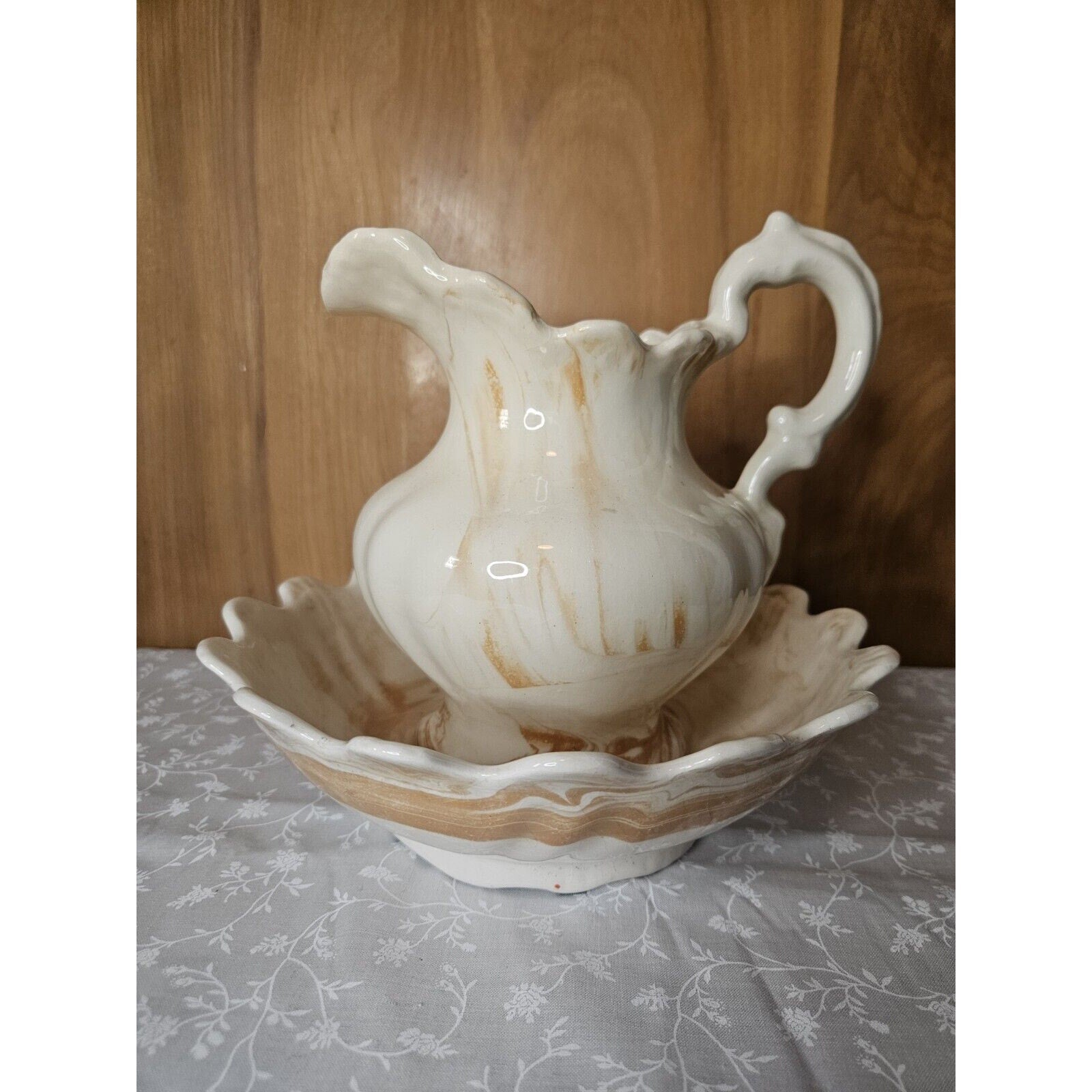 Vintage 80s Handmade Ceramic Cream & Orange 7.5" Pitcher & Bowl 9" Set Swirls