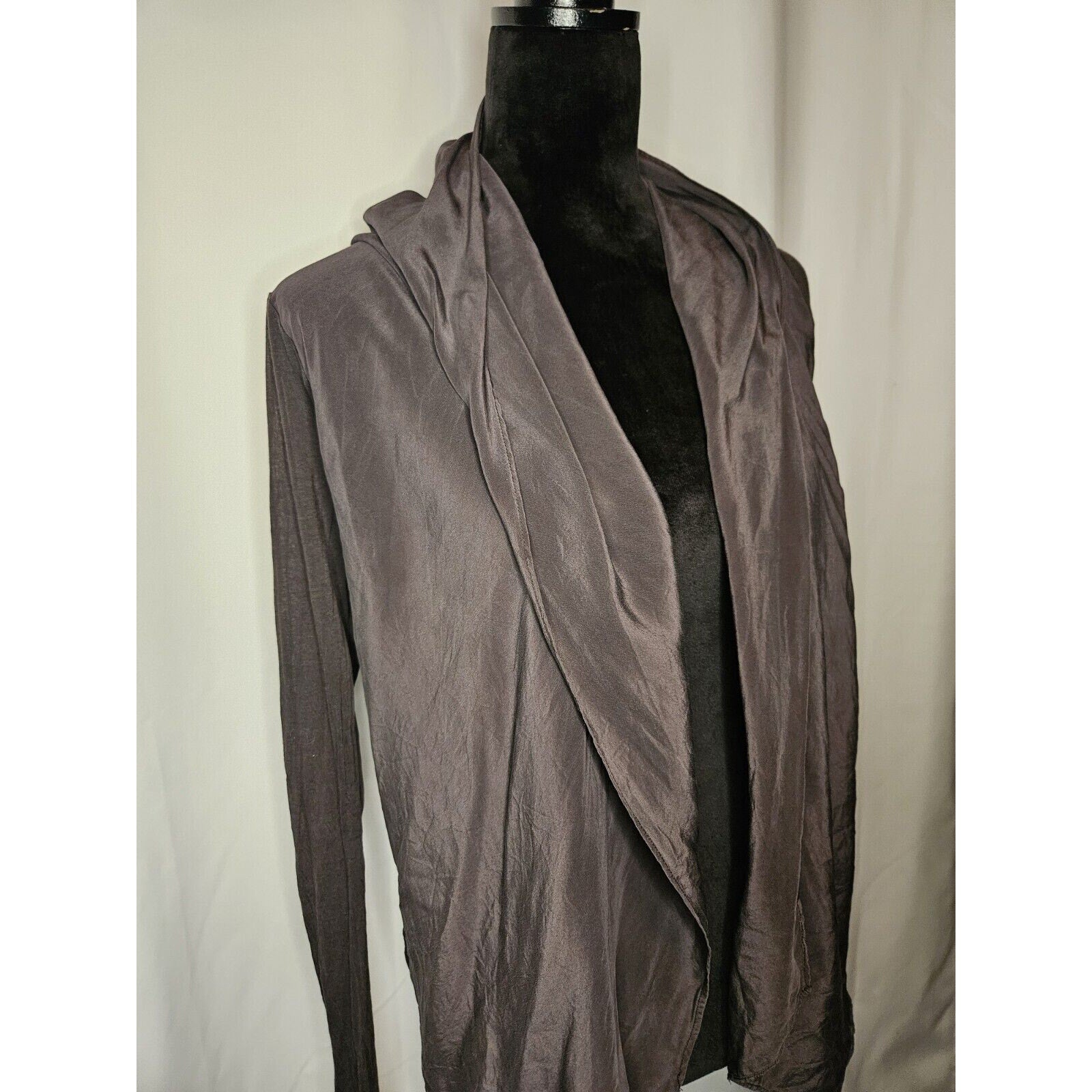 Lia Kes Gray Silk Asymmetrical Hooded Drape Cardigan XS High Fashion Lightweight