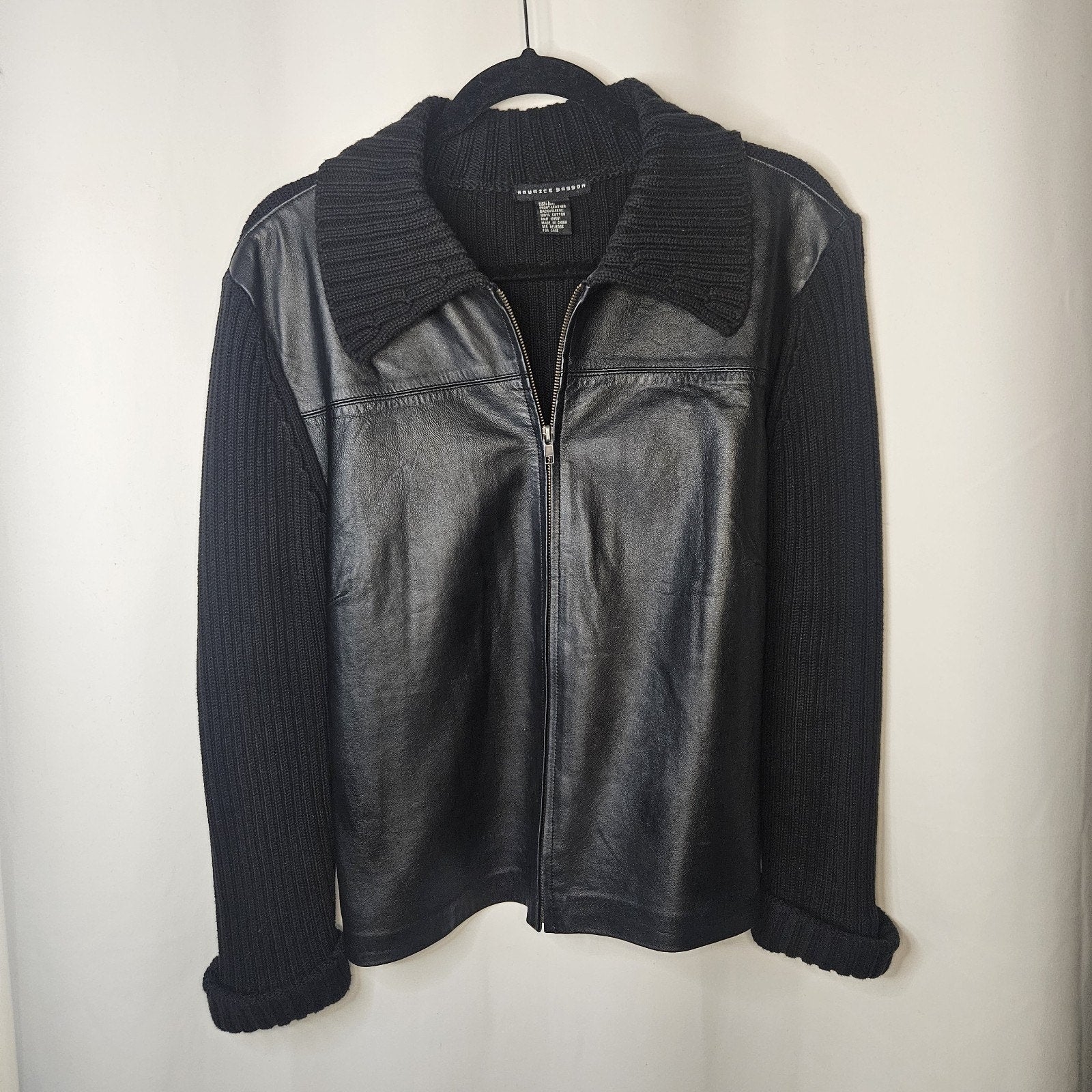Leather Sweather Jacket By Maurice Sasson Large Vtg Black Sweater Coat