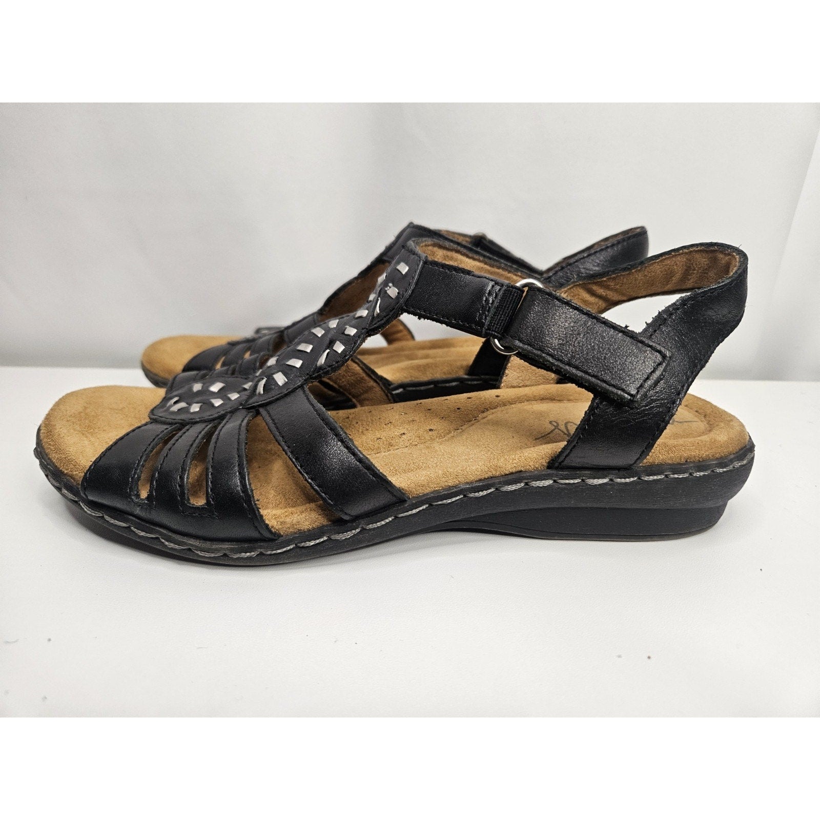 Natural Soul Barroll Black Leather Ankle Strap Sandals US 7.5 M Boho Comfort