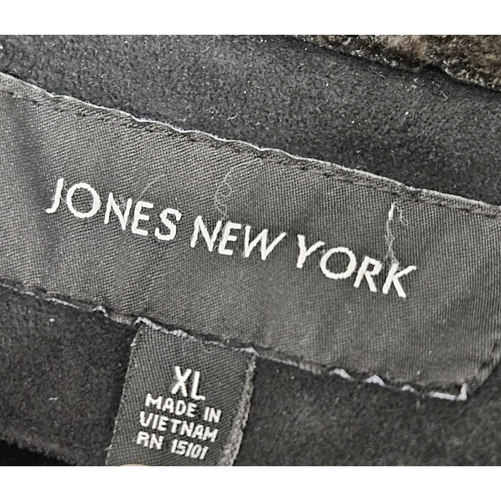 Vtg Y2K Jones New York Womens XL Black Faux Suede Coat Faux Fur Trim Retro Style