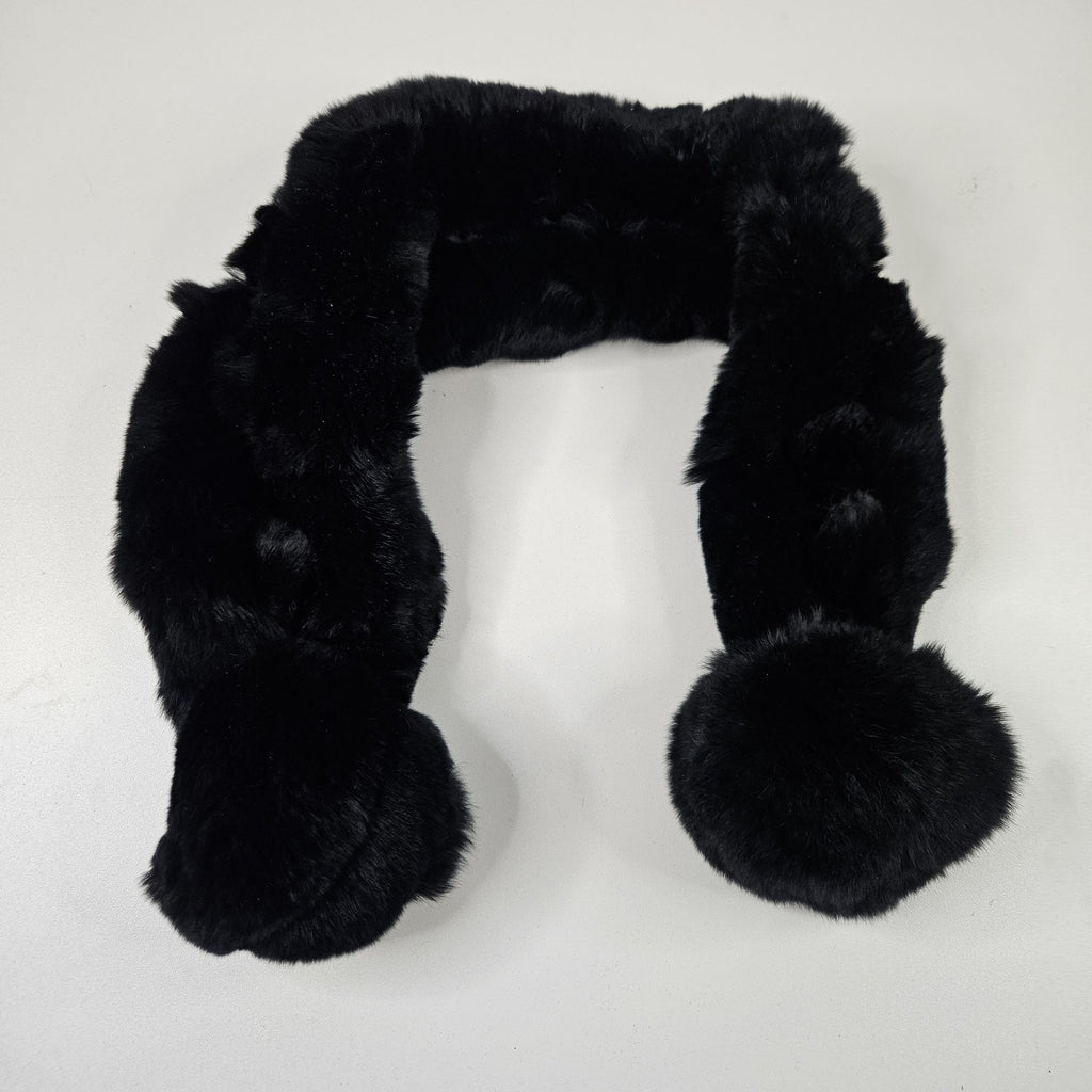Vtg Genuine 100% Rabbit Fur Pom Pom Black Chunky Neck Warmer Scarf 4x26 Retro