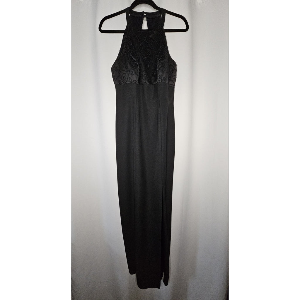 Vintage Hand Stitched Brocade Bodice Halter Dress Black Size 10 Evening Gown