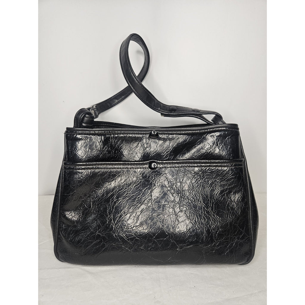 Vintage 70s Handmade Black Leather Tote Handbag Purse Shoulder Bag