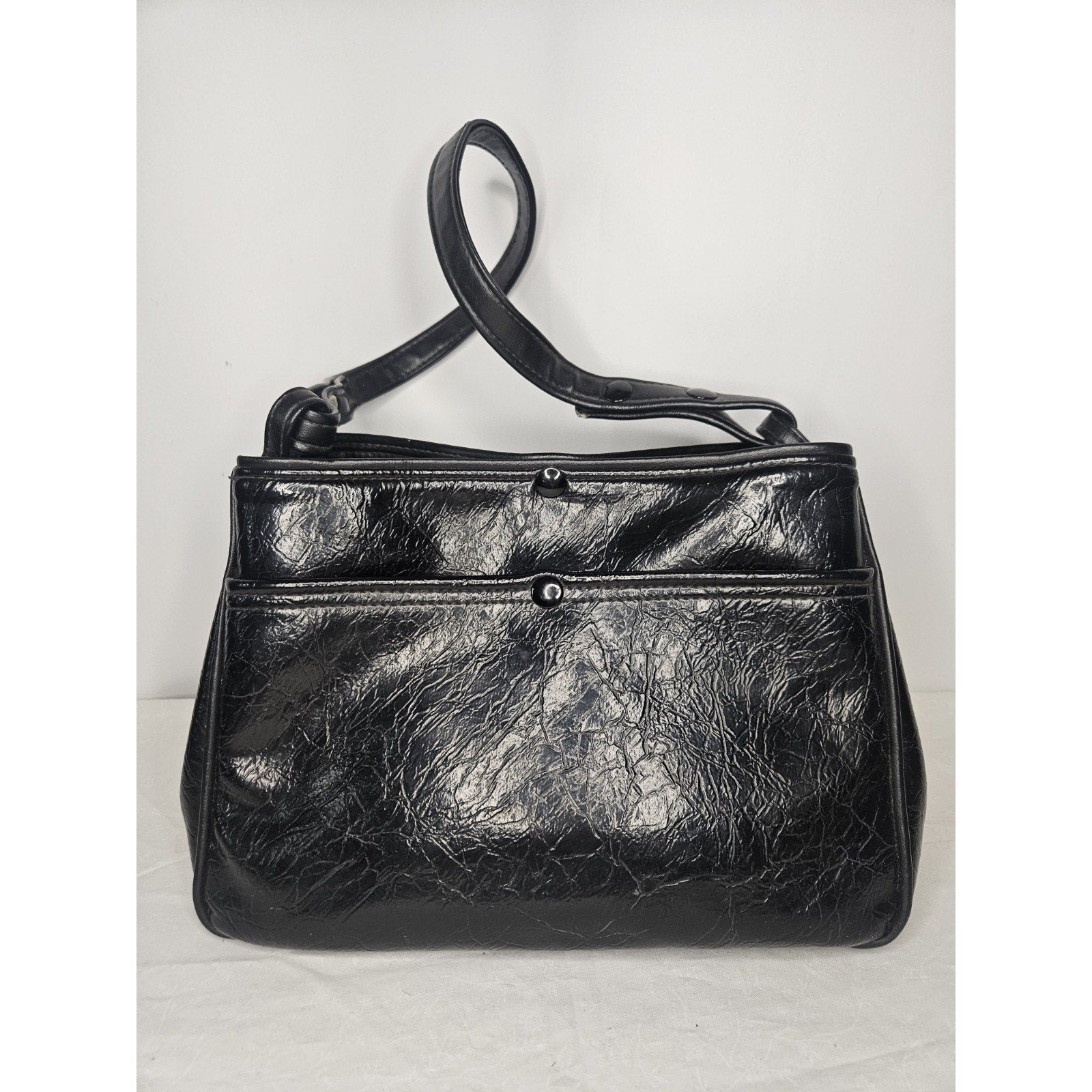 Vintage 70s Handmade Black Leather Tote Handbag Purse Shoulder Bag