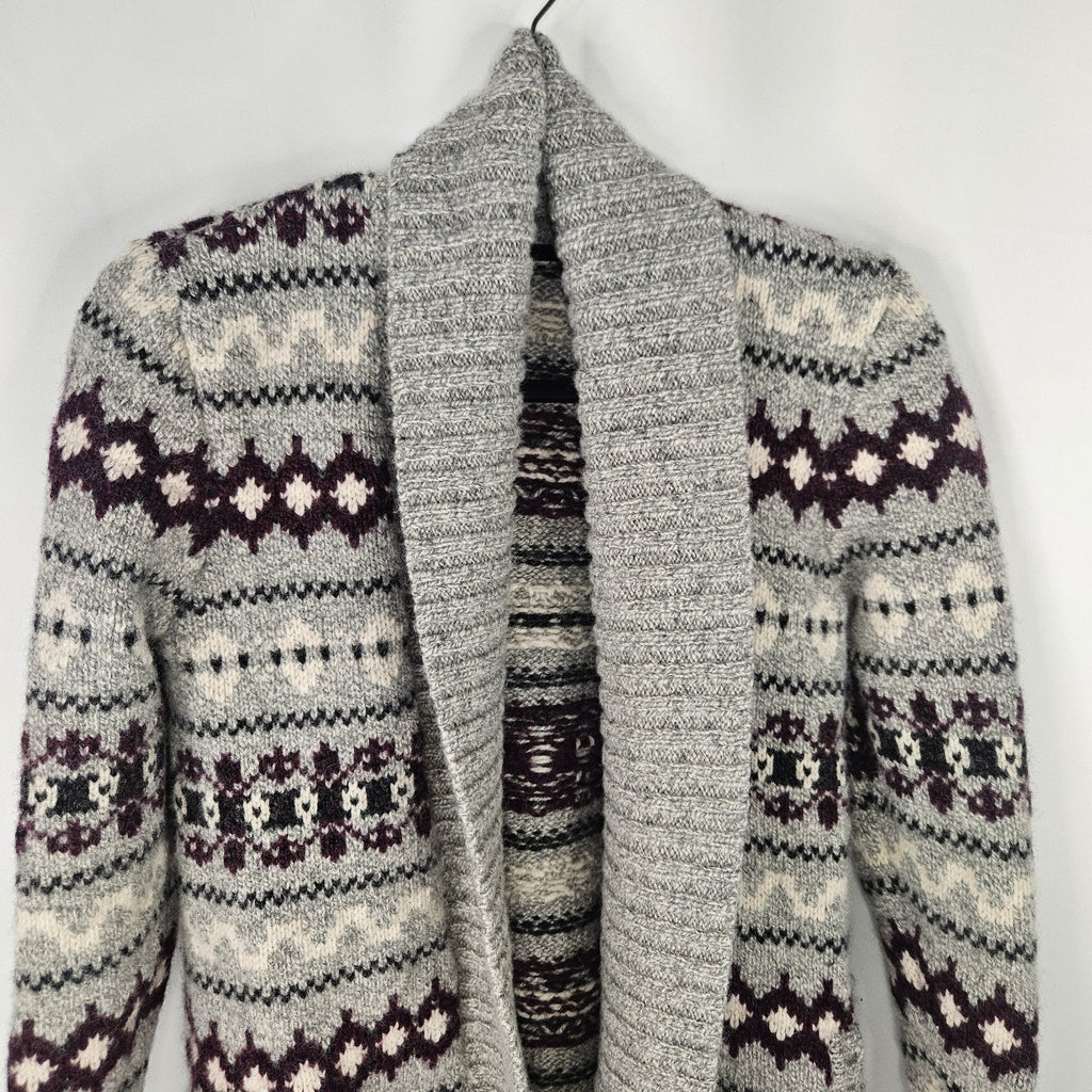 L.L. Bean Lambswool Cardigan Fair Isle Gray Long Women’s Medium Ski Heavy Winter