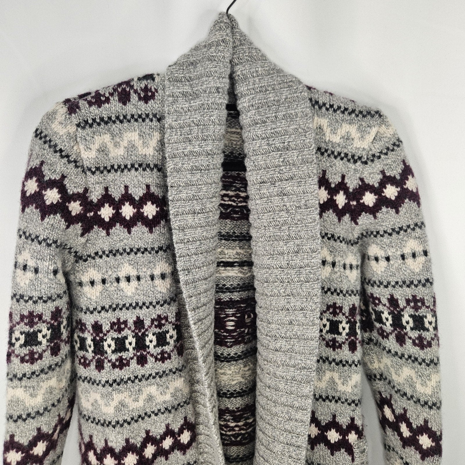 L.L. Bean Lambswool Cardigan Fair Isle Gray Long Women’s Medium Ski Heavy Winter