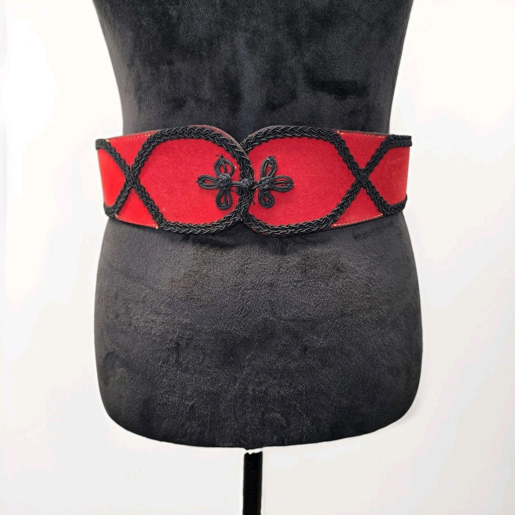 Vtg 80s Victorian Red Black Faux Leather Waist Belt Statement Gothic USA Medium