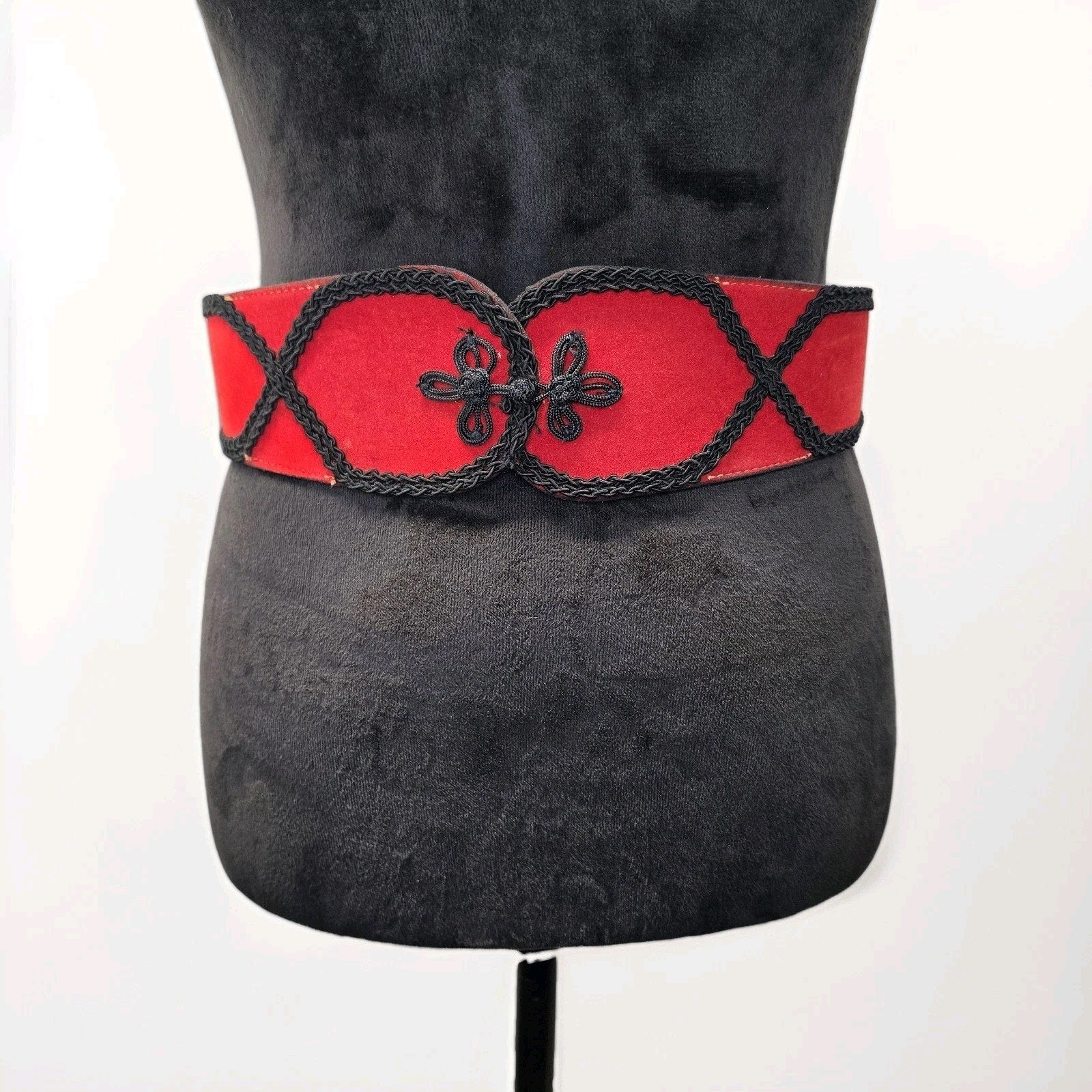 Vtg 80s Victorian Red Black Faux Leather Waist Belt Statement Gothic USA Medium
