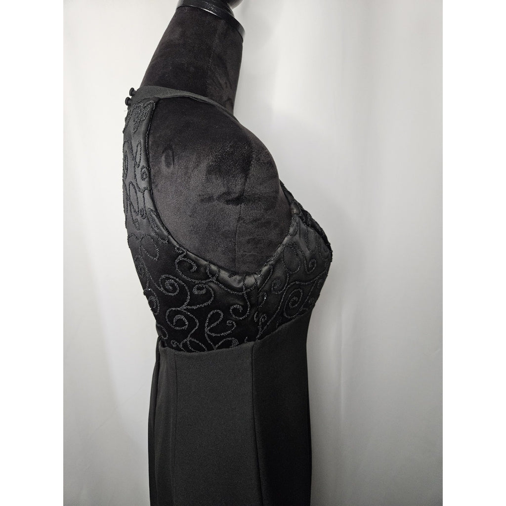 Vintage Hand Stitched Brocade Bodice Halter Dress Black Size 10 Evening Gown