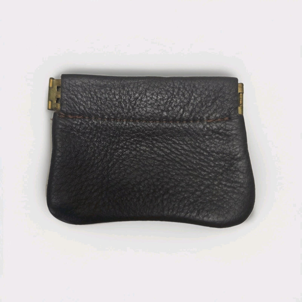 Vintage Black Leather Squeeze Coin Purse Change Pouch Key Holder Spring Frame