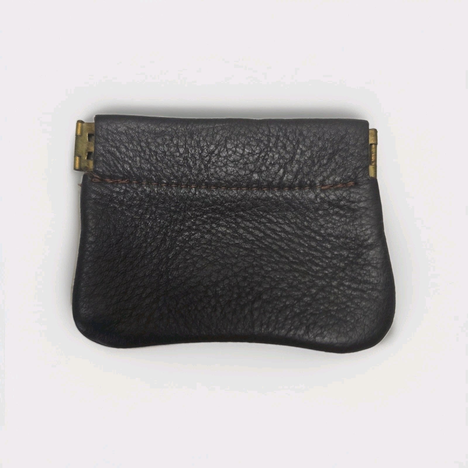 Vintage Black Leather Squeeze Coin Purse Change Pouch Key Holder Spring Frame