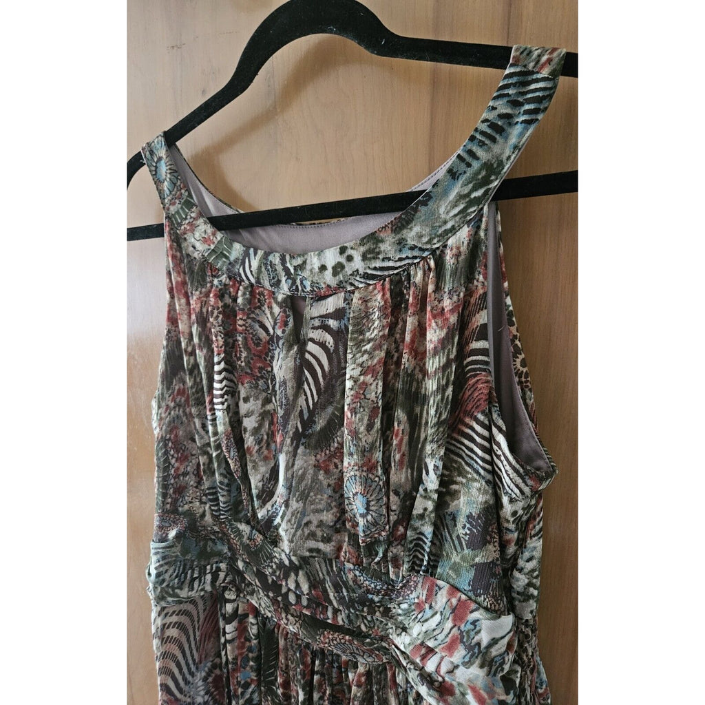 Perceptions New York Green Brown Tan Sleeveless Long Ruched Waist Poly Dress 14