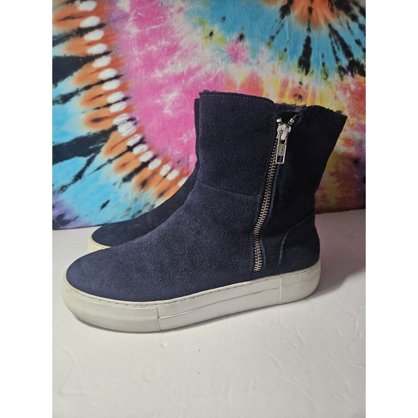 J/Slides NYC Navy Blue Suede Leather Platform Boots Size 7 Zipper Boot Shoes