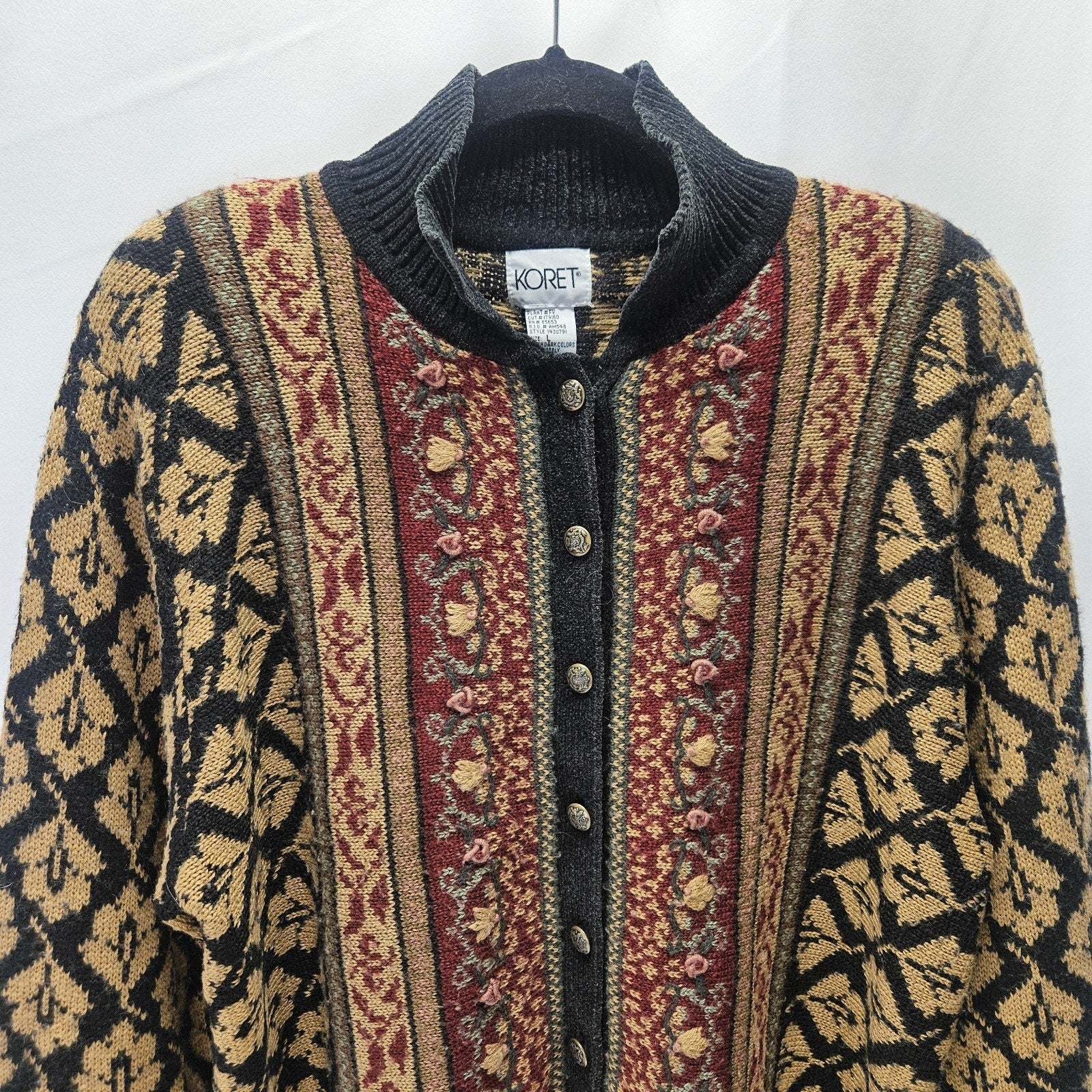 Vtg 90s KORET Women's Cardigan Black Flowers Acrylic Wool Large Boho Cottage