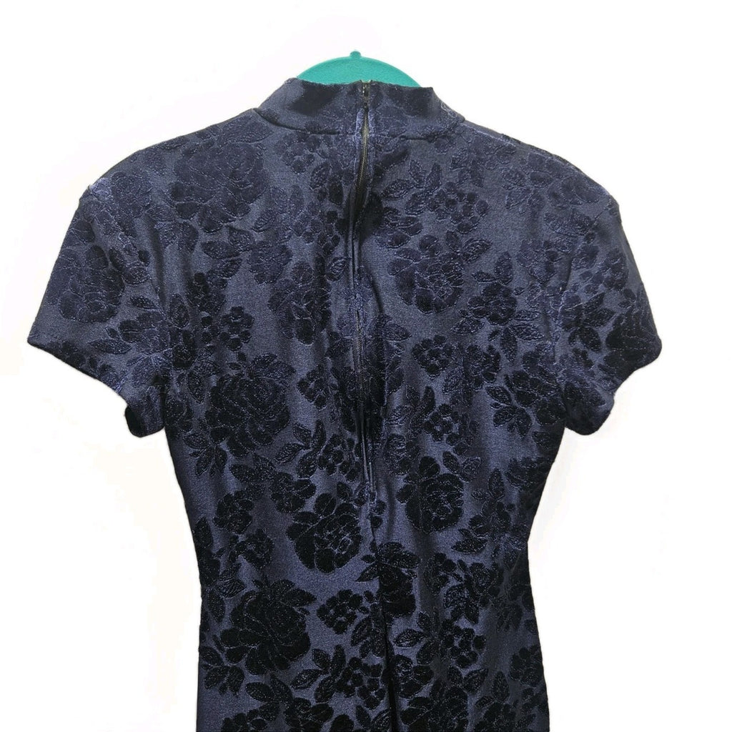 Vtg 90s Blondie & Me Navy High Neck Short-Sleeved Maxi Dress Gothic Floral Small