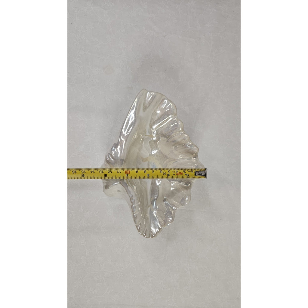Hand Blown Opalescent Shell Art Glass Bowl White Rainbow Mid Century Beach