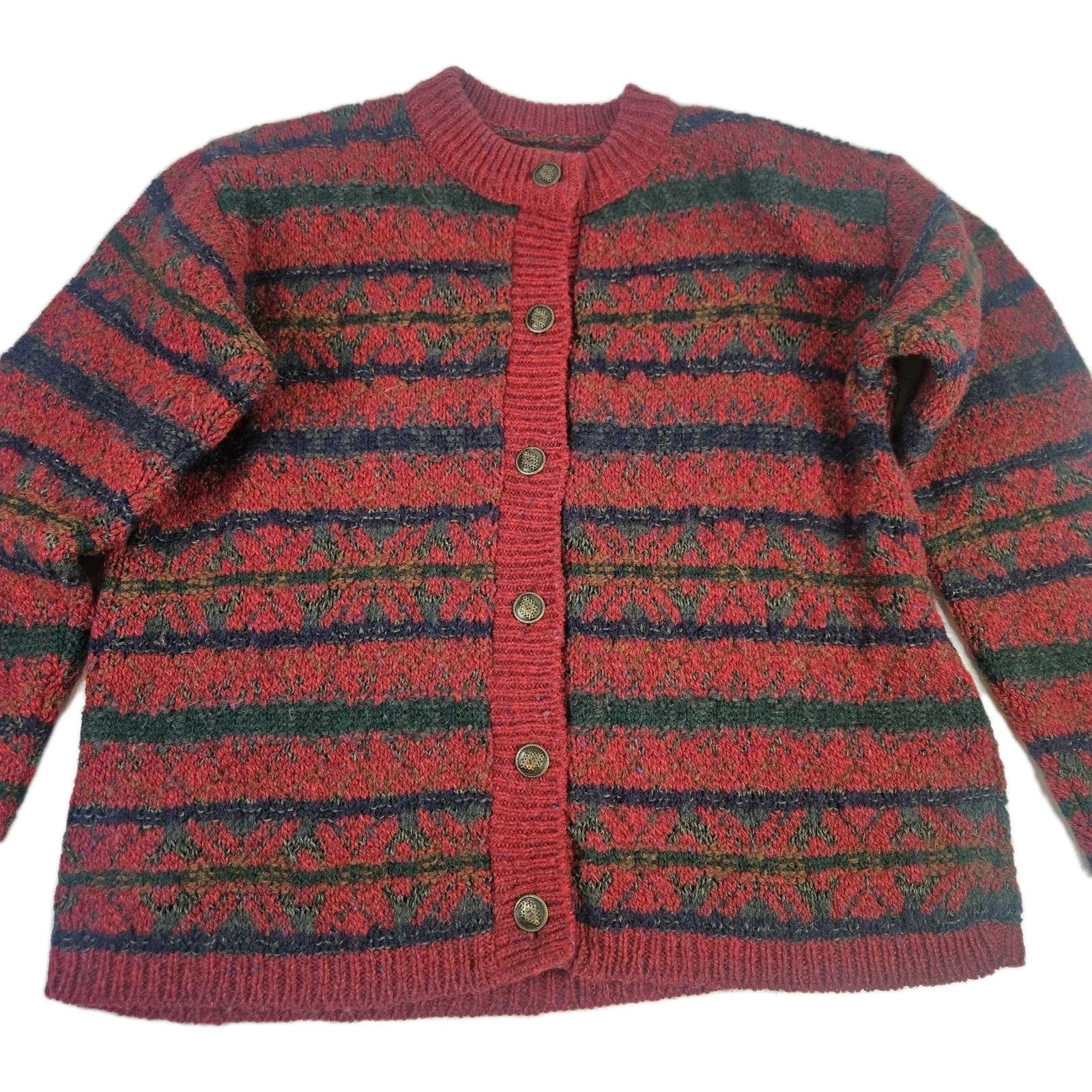 VINTAGE ALPS Wool Blend Fair Isle Chunky Knit Cardigan Ski Sweater Large Holiday