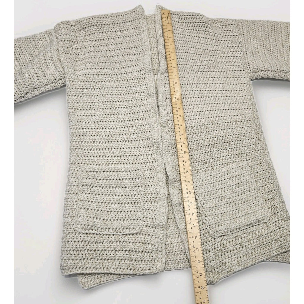 Handmade Knitted Crochet Beige Oversized Open Cardigan Large Boho Cozy Pockets