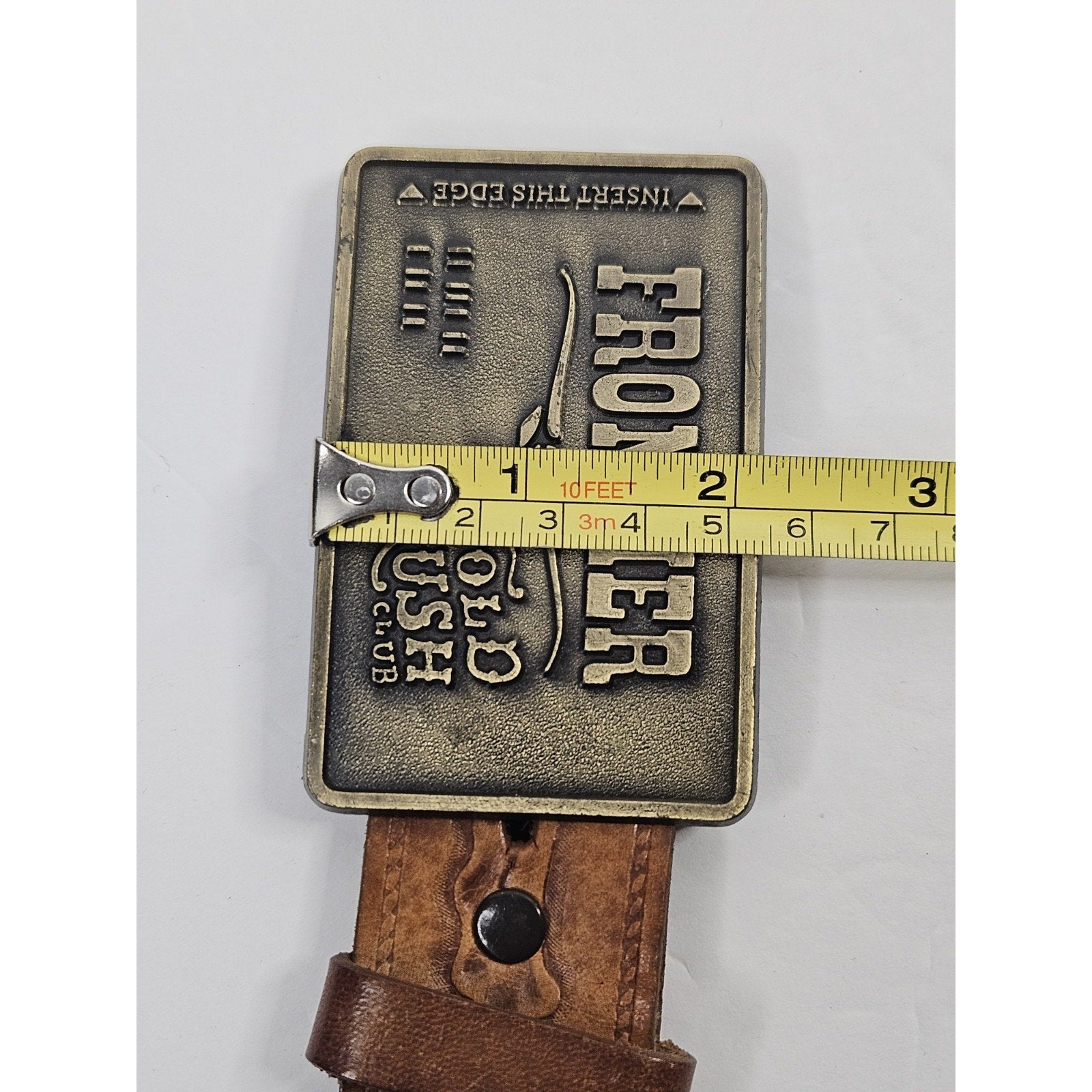 Vintage 80s FRONTIER Gold Rush Club Belt Buckle w/ Embossed Brown Leather Belt