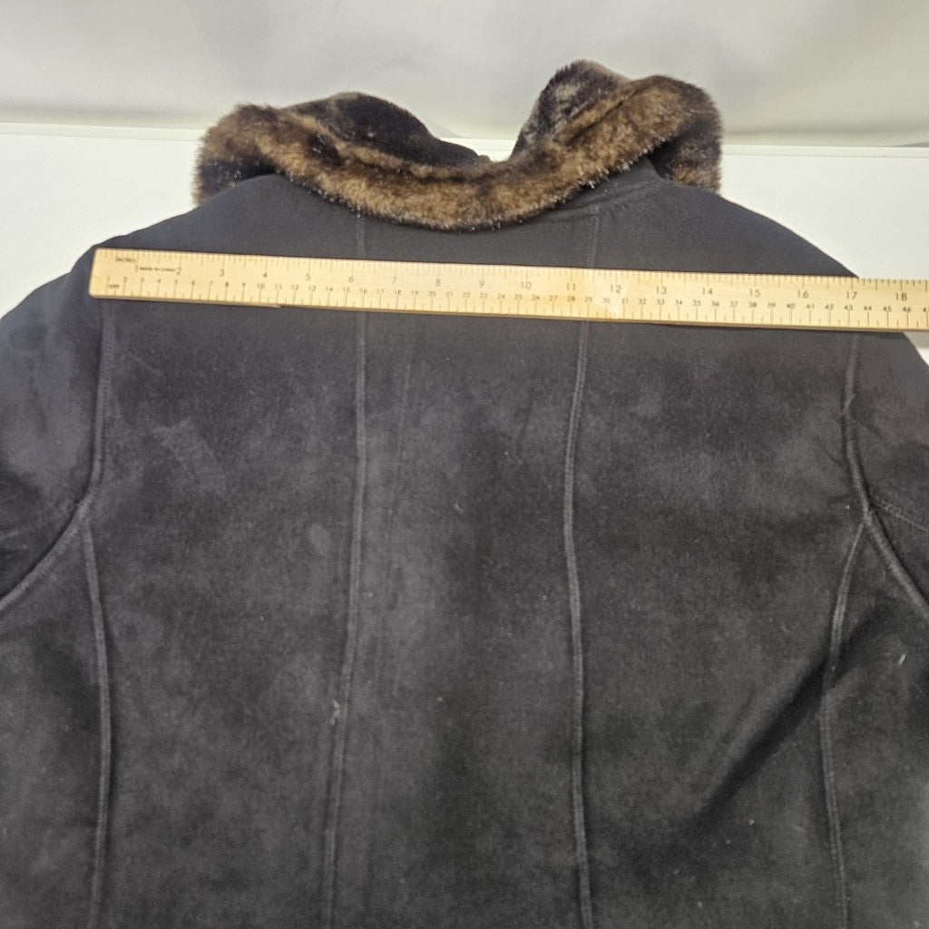 Vtg Y2K Jones New York Womens XL Black Faux Suede Coat Faux Fur Trim Retro Style