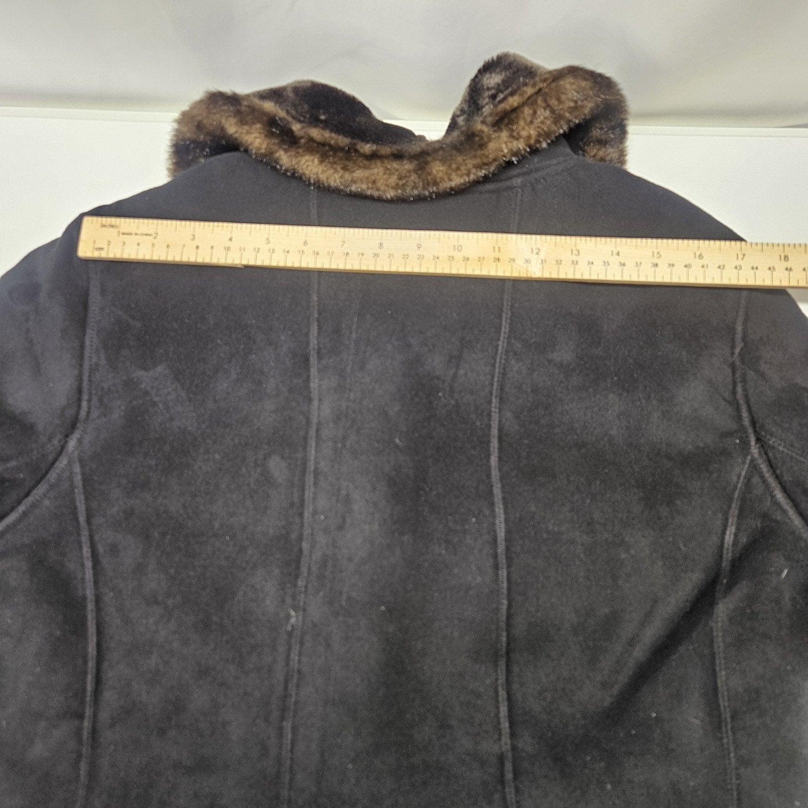 Vtg Y2K Jones New York Womens XL Black Faux Suede Coat Faux Fur Trim Retro Style