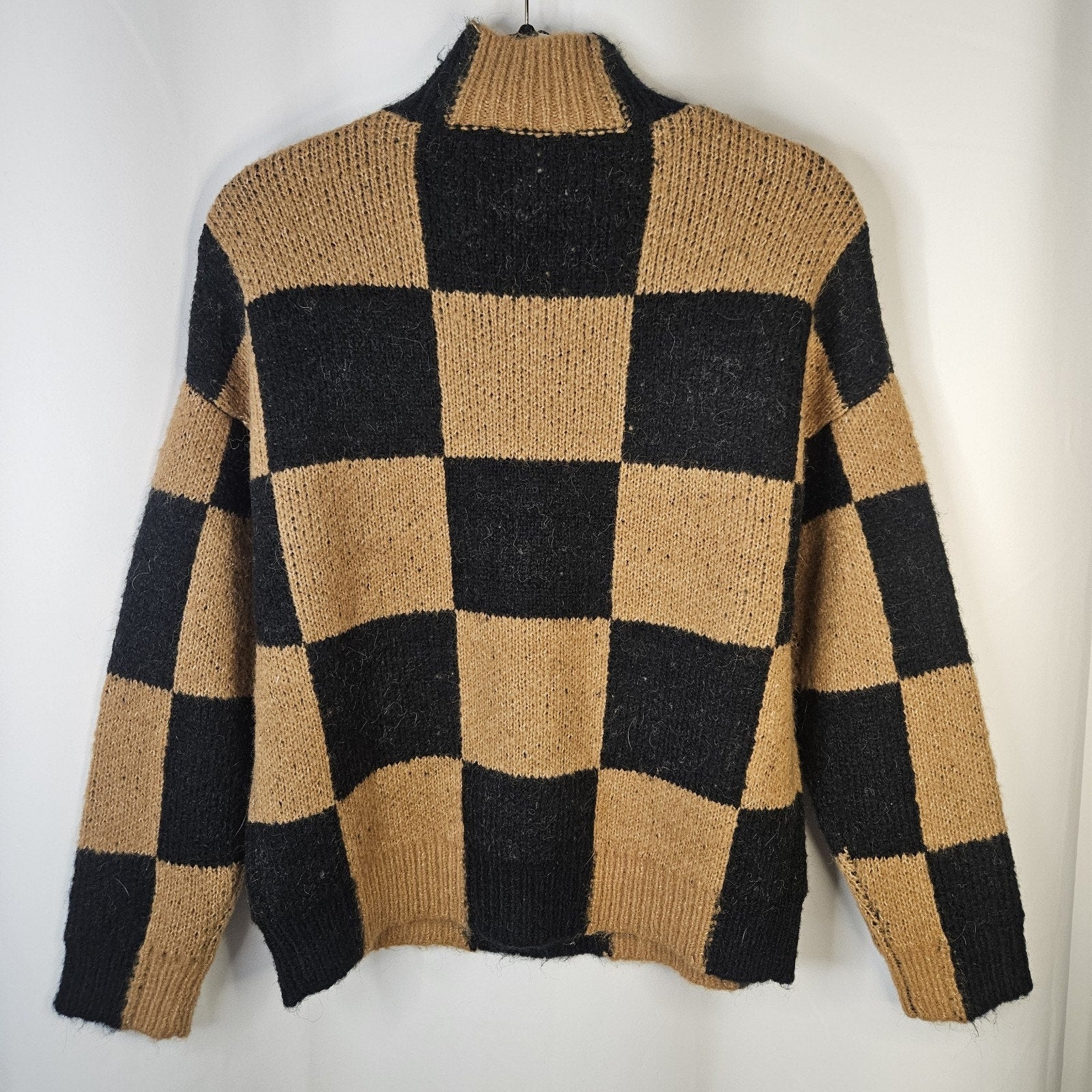 Industry Wool Blend Knit Checkered Sweater Women's XS Black & Tan Minimalist