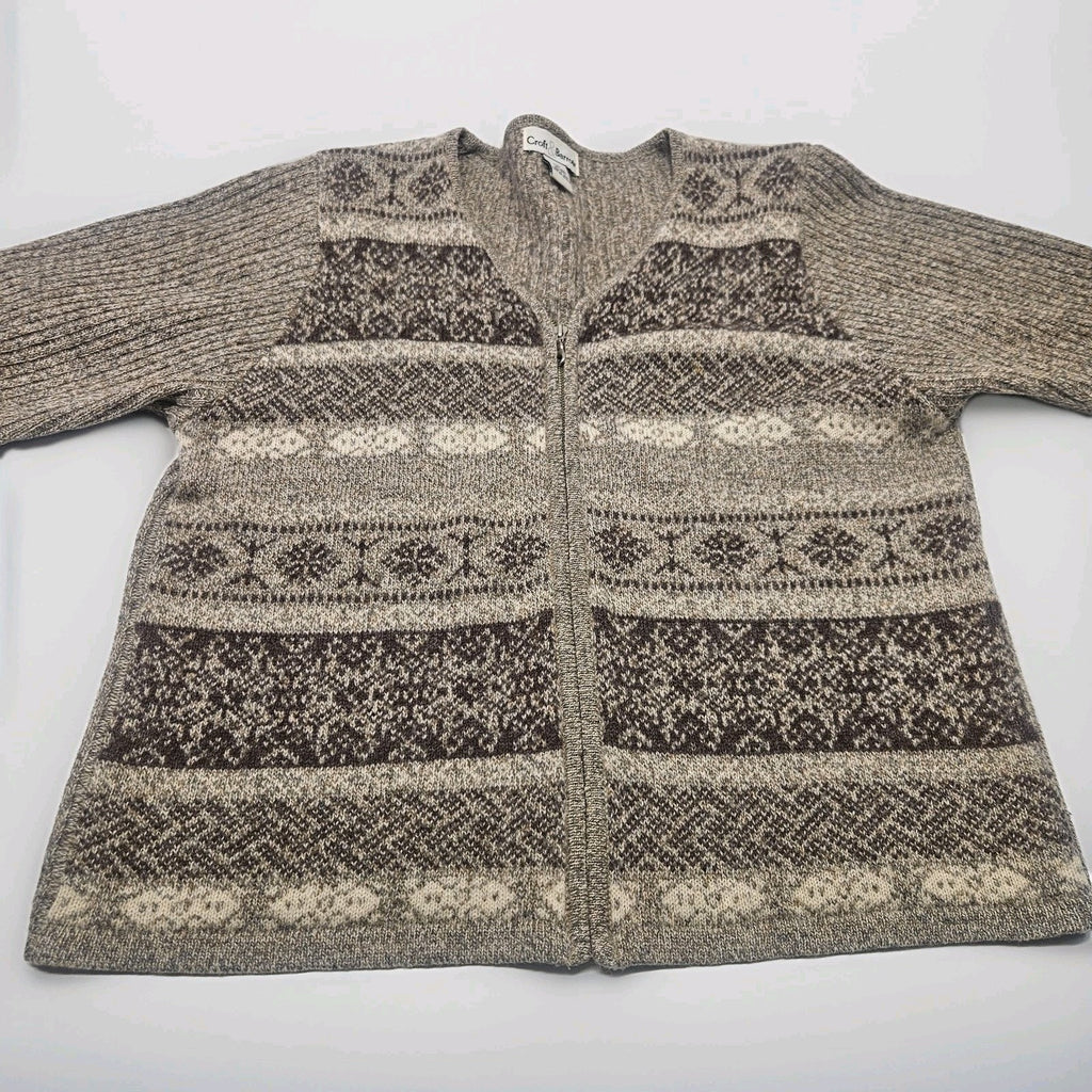 Vtg 100% Wool Knit Women Full Zip Cardigan Sweater Brown Nordic Ski Large
