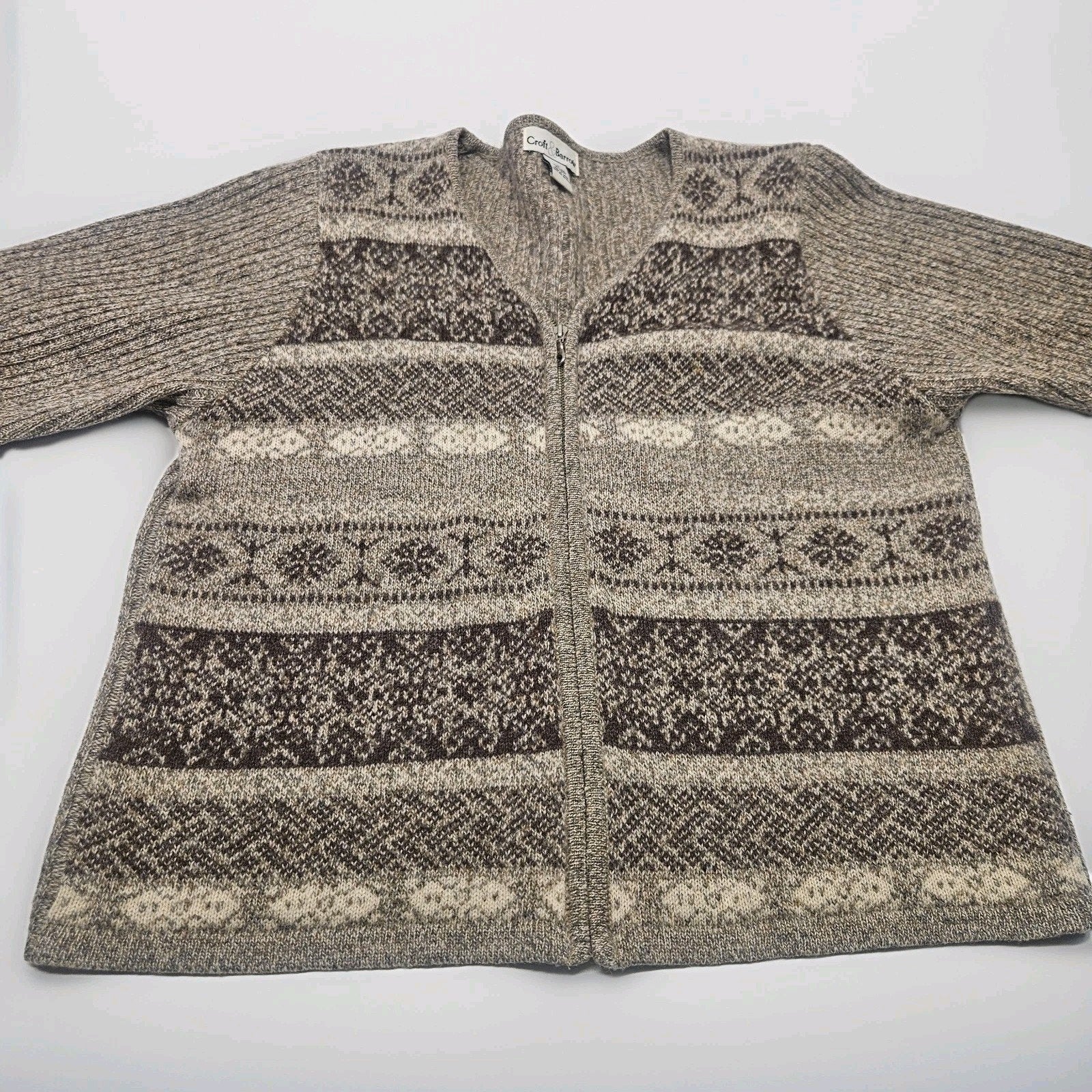 Vtg 100% Wool Knit Women Full Zip Cardigan Sweater Brown Nordic Ski Large
