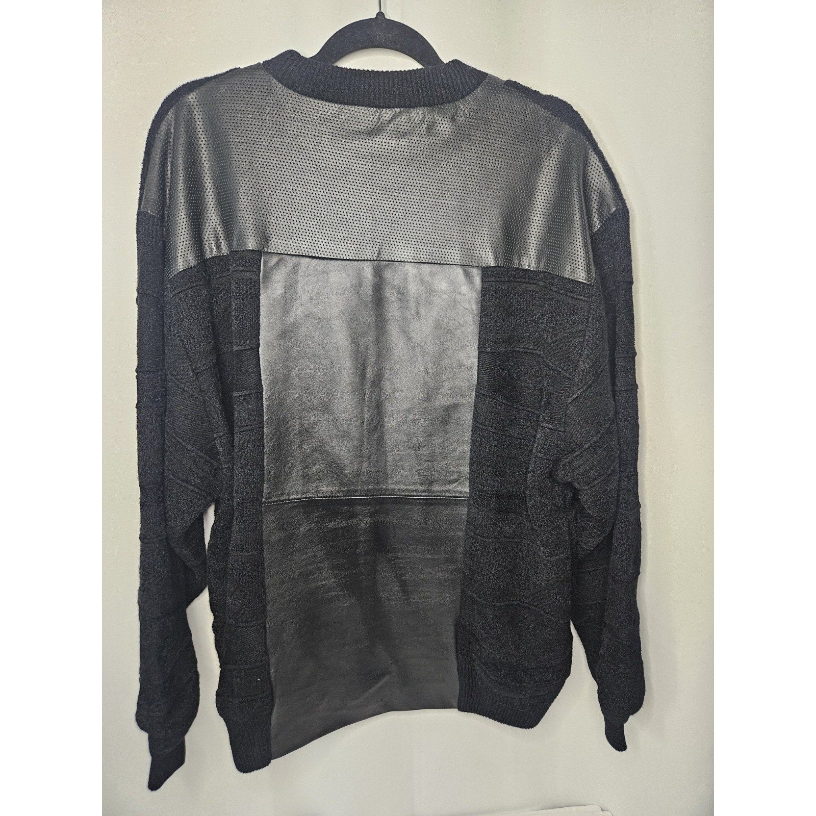 Vintage ZMANN Mens Large Leather Knit Colorblock Knit Sweater 80s Heavy Weight