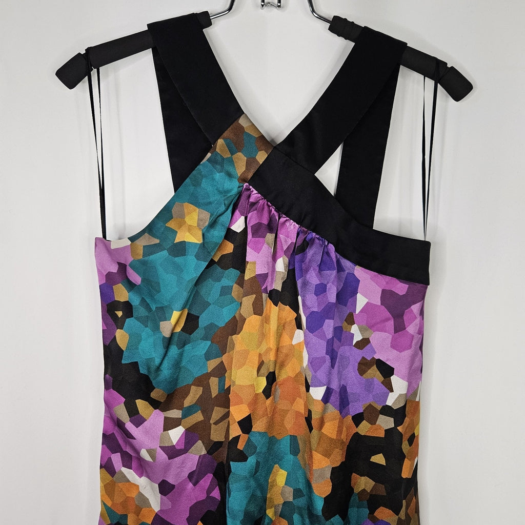 Trina Turk Dress Multicolor Pixelated 100% Silk Criss Cross Neck Size 2