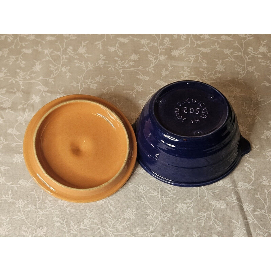 Vintage Pacific Hostessware Blue 205 Lidded Ramekin With Orange Lid 205C US Made