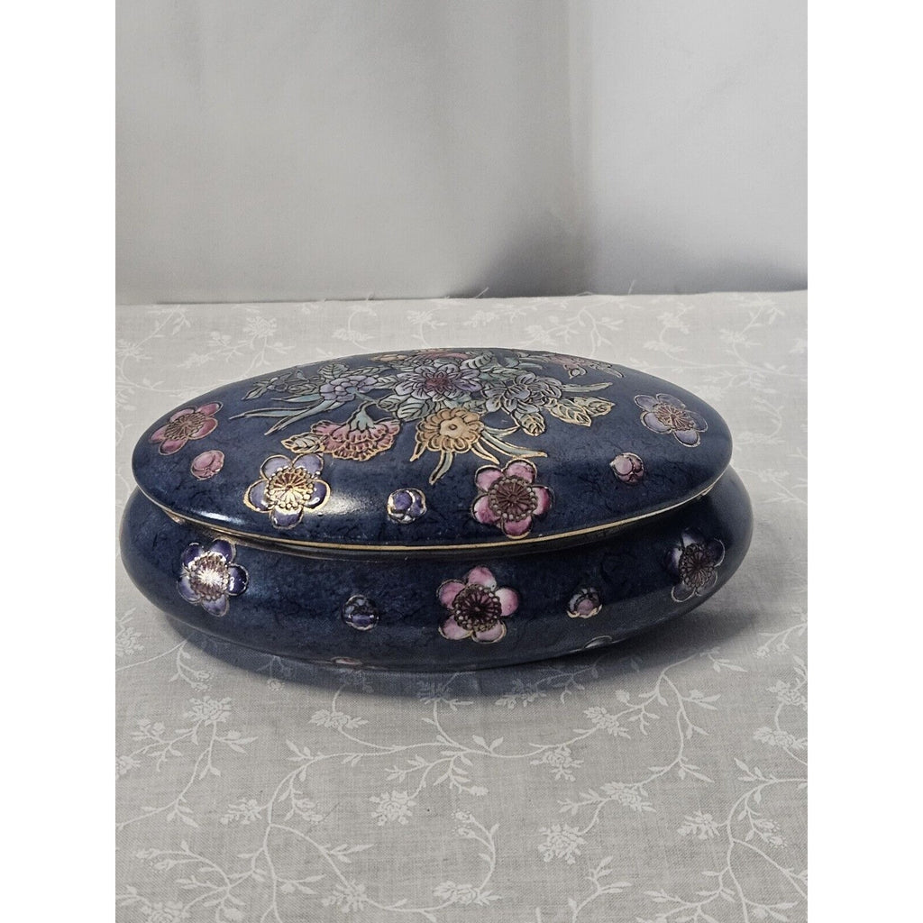 Vintage Toyo Like Trinket Dish with Lid Chinese Hand Painted Floral 2-Piece 6"