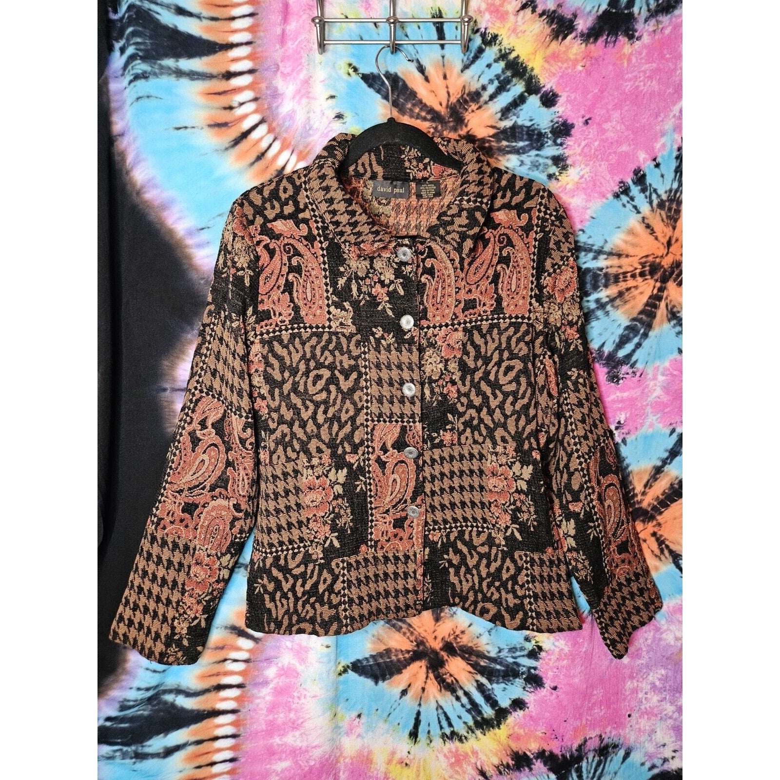 Vintage DAVID PAUL Womens Jacket Black Floral Size Large Patchwork Button Up