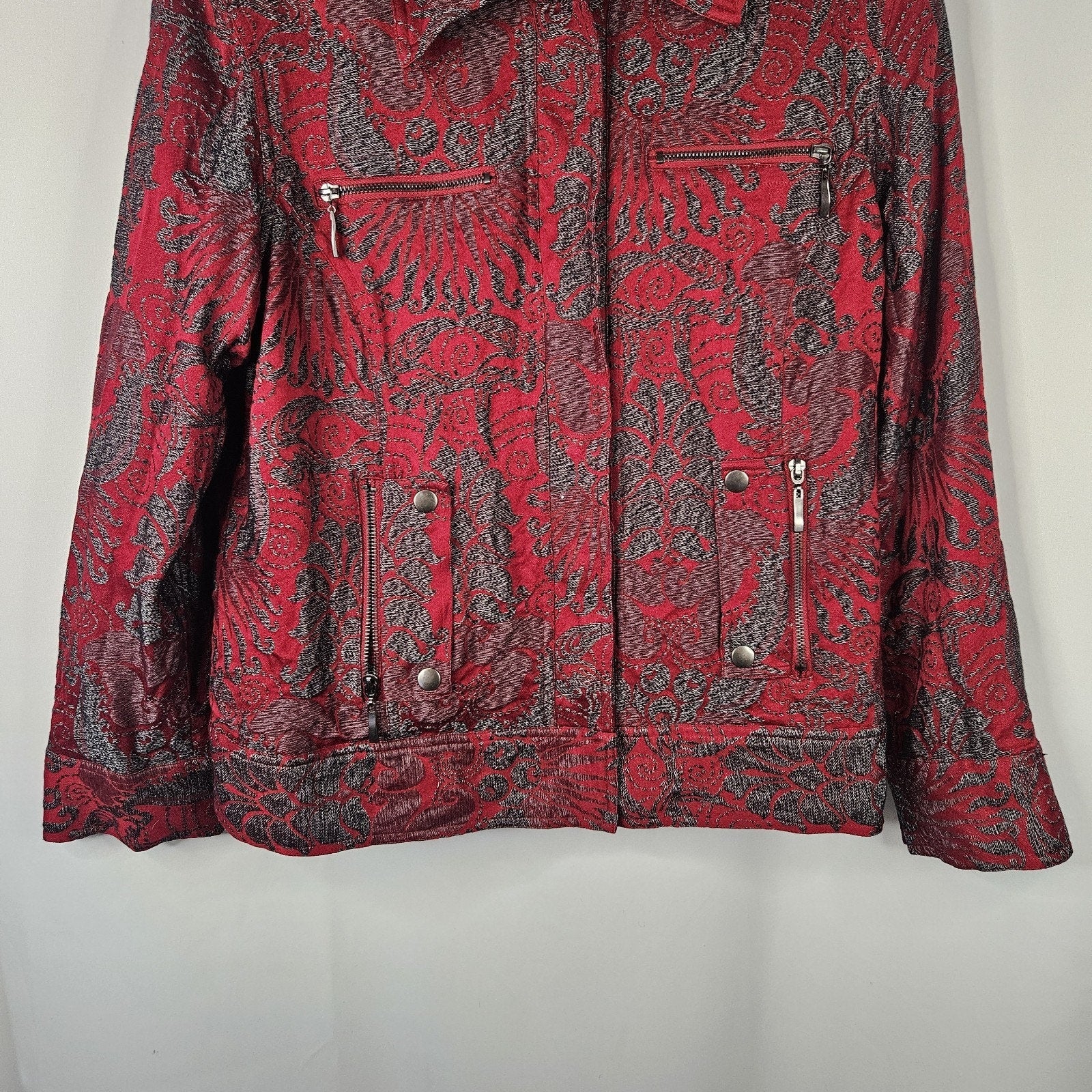 Chicos Size 2 Jacket Womens Red Gray Snap Front Lined Pockets Cotton Lyocell L