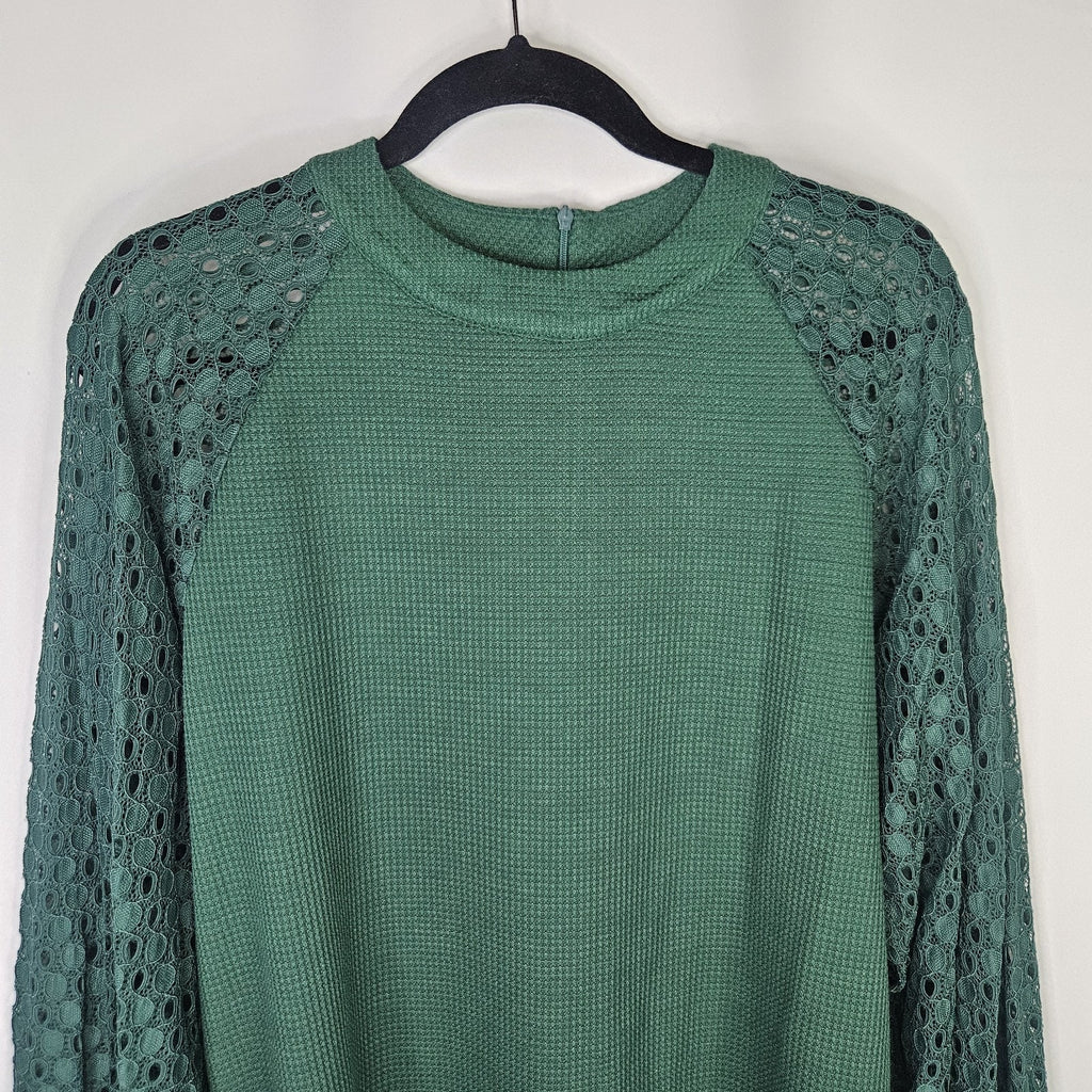 IWOLLENCE Women's Waffle Knit Blouse Lace Sleeves Henley Loose Fitting XL Green