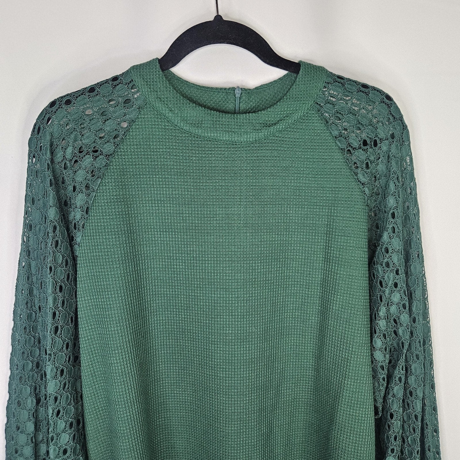 IWOLLENCE Women's Waffle Knit Blouse Lace Sleeves Henley Loose Fitting XL Green