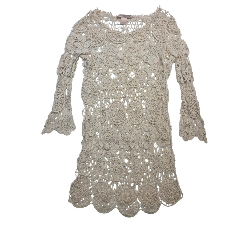 Y2K Open Knit Crochet Lace Mini Dress Cream Bohemian Beach Hippie Festival Small