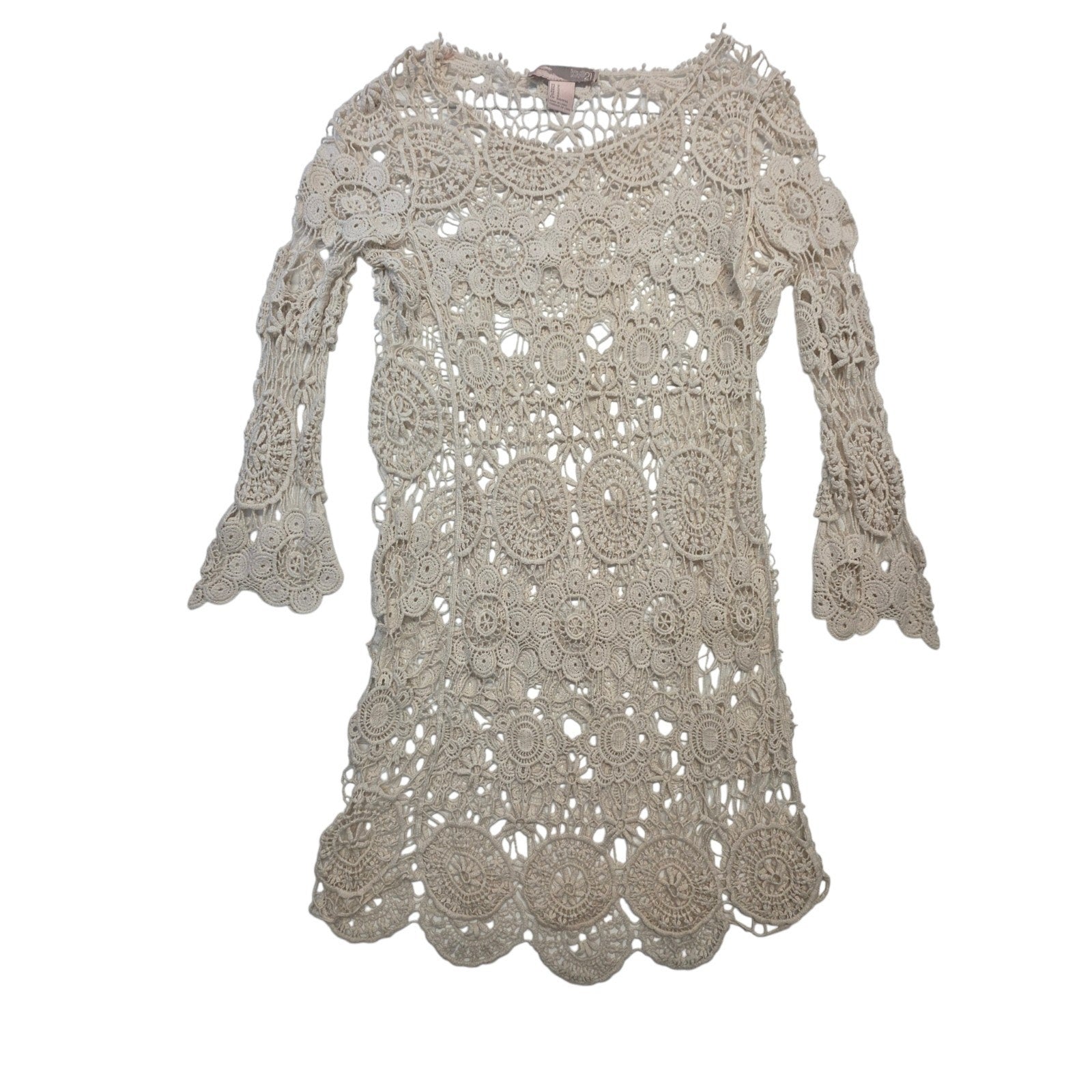 Y2K Open Knit Crochet Lace Mini Dress Cream Bohemian Beach Hippie Festival Small