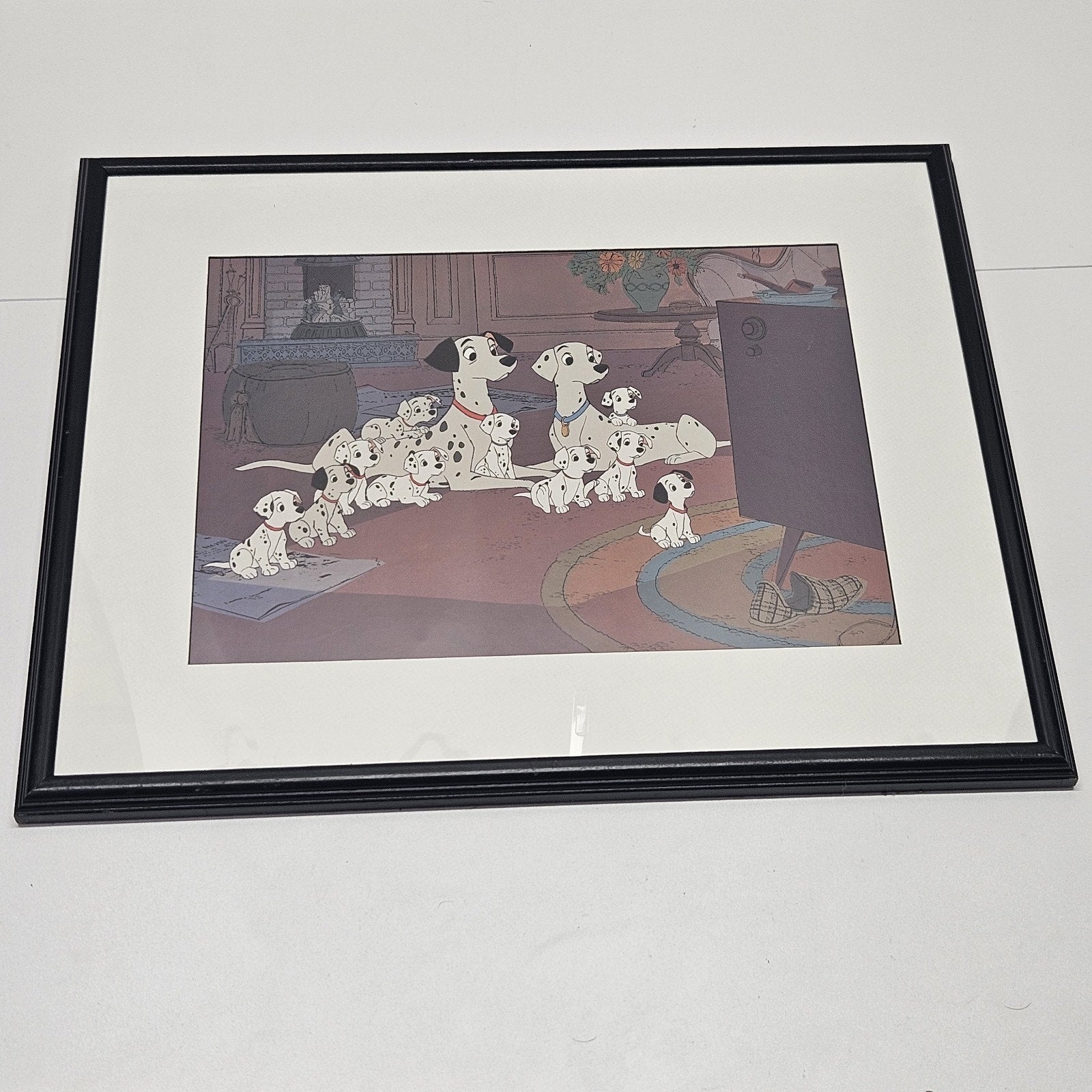 Vintage Disney 101 Dalmatians Watching TV Gather Round Matted Picture 17x21"