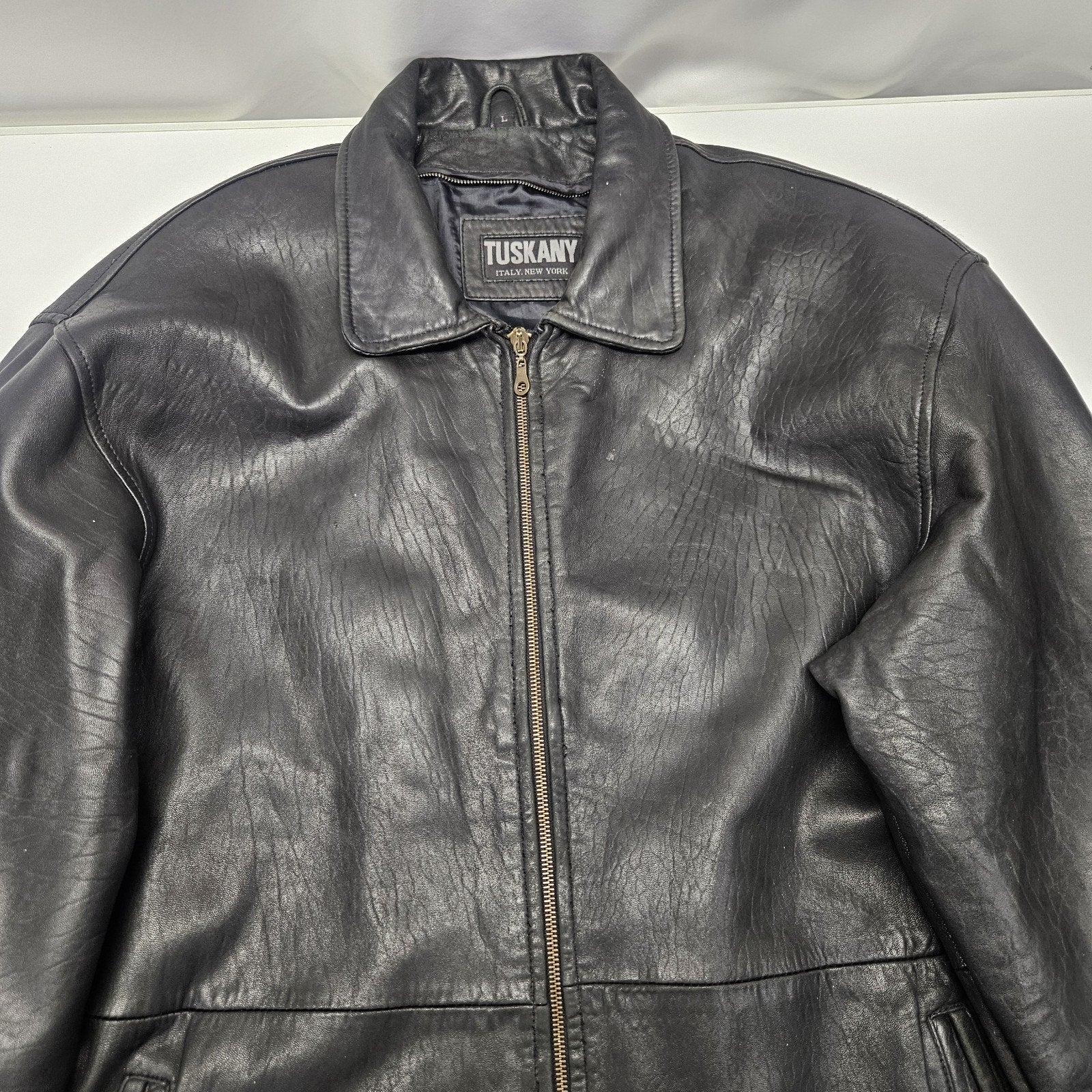 Vintage Tuskany Italian Leather Jacket Black Midi Coat Men's Large