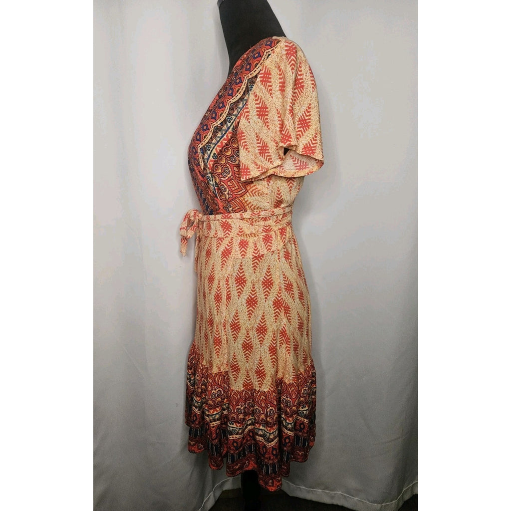 Wrap V Neck Bohemian Floral Print Ruffle Swing A Line Beach Mini Dress Large